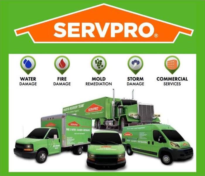 SERVPRO logo with SERVPRO vehicles and icons 