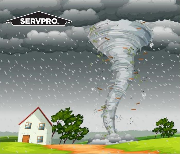 Tornado blowing debris around a house and trees with a SERVPRO logo