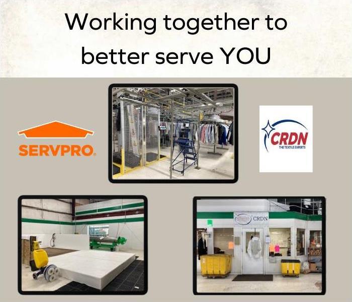   pictures of crdn warehouse, servpro logo and crdn logo 